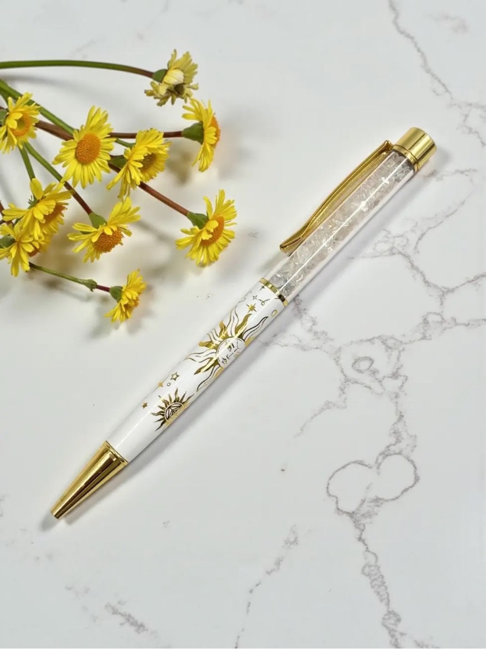 Celestial Sun Moon Crystal Chip Ballpoint Pen Gold White